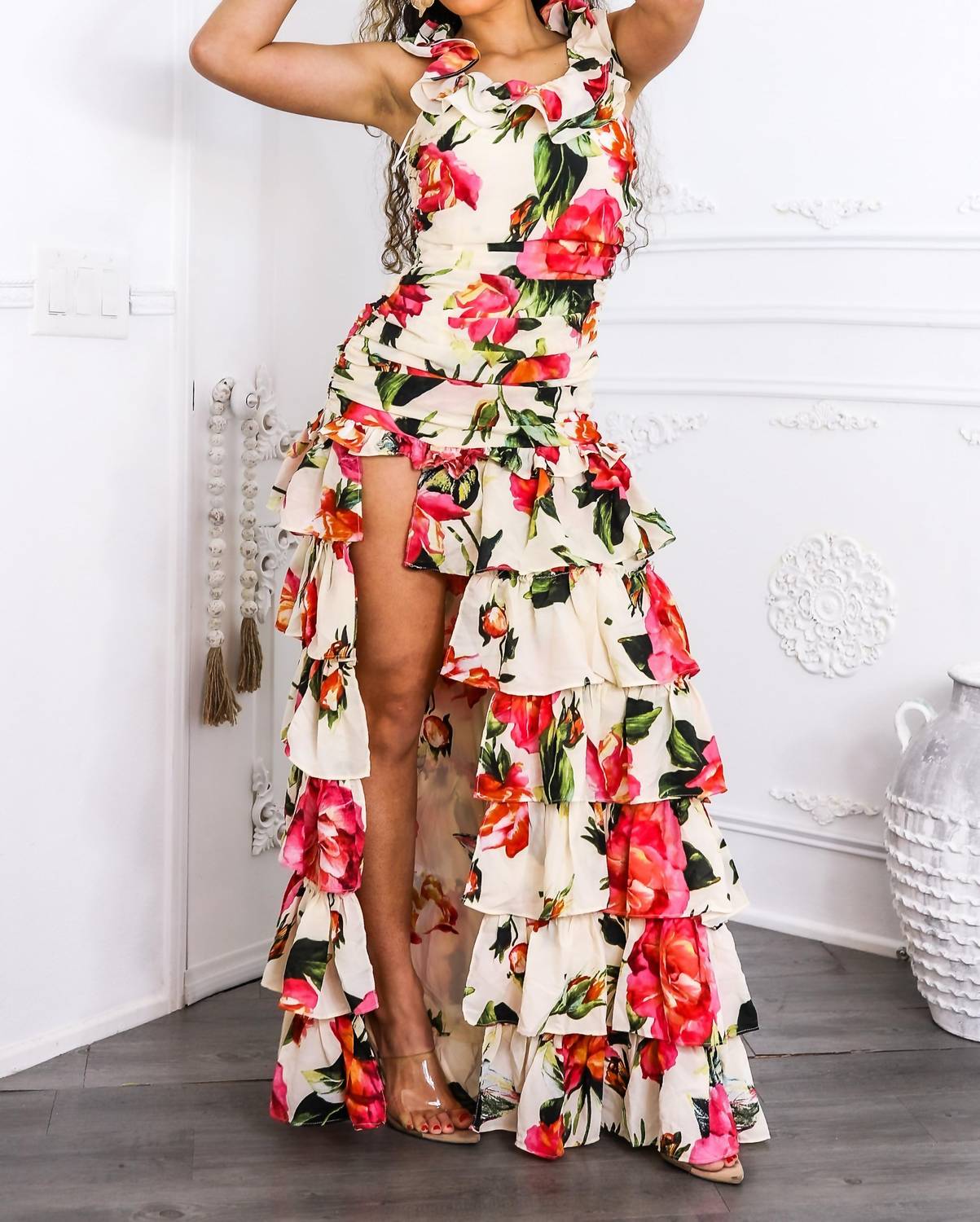 Surelymine - Ruffle it Up Floral High Slit Maxi Dress