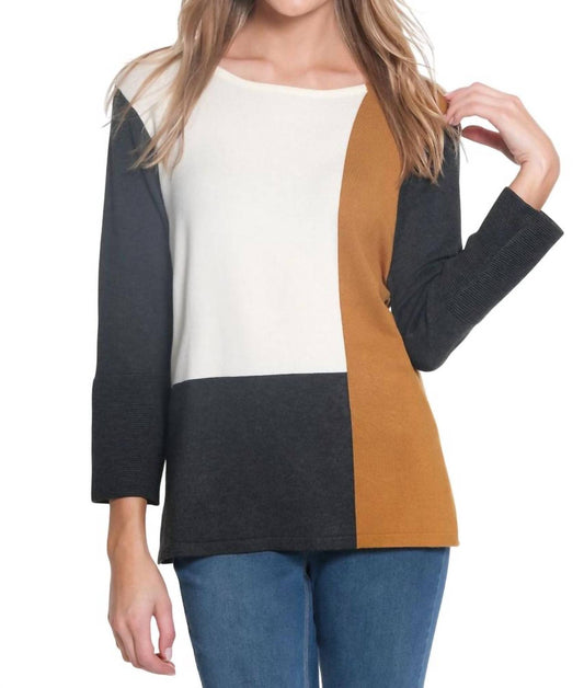 Multiples - 3/4 Sleeve Jewel Neck Color Block Solid Sweater
