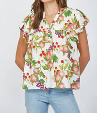 Fate Fruit Print Flutter Sleeve Split Neck Top in cream multi - women's blouse