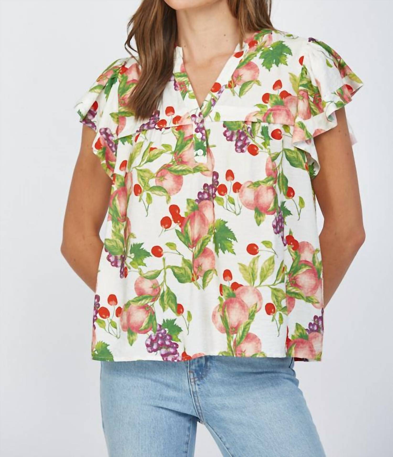 Fate Fruit Print Flutter Sleeve Split Neck Top in cream multi - women's blouse