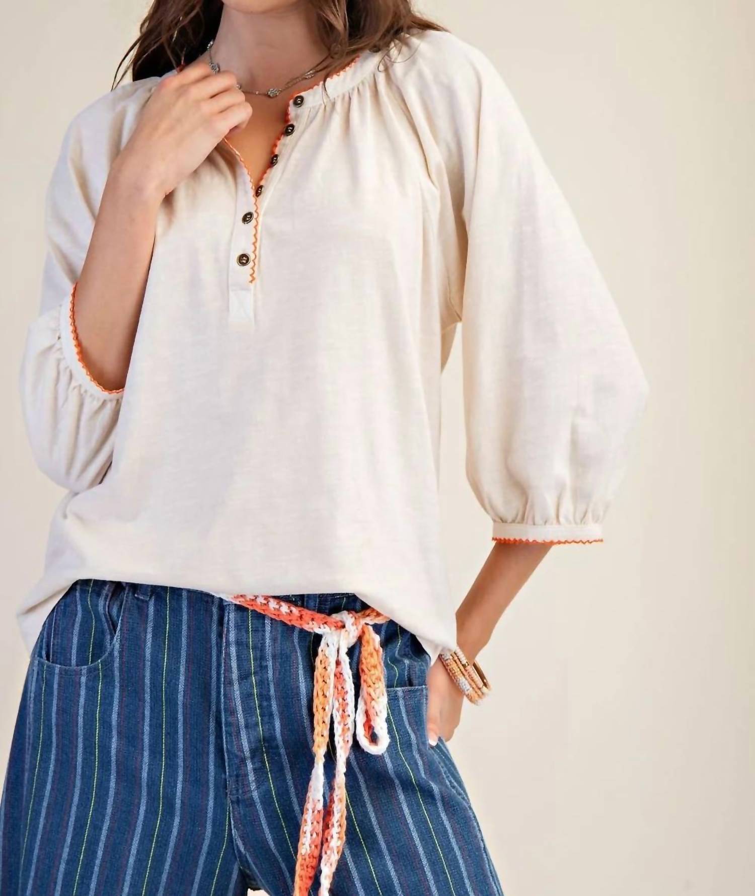 Easel - Natural Bohemian Blouse with Trim