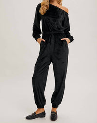 Bluivy - Velvet One Shoulder Boat Neck Jumpsuit