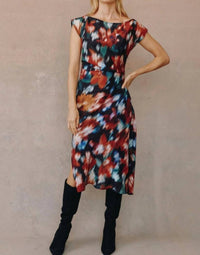 Bella Dahl Boat neck cap sleeve midi dress in blurred floral - women's dress