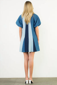 THML Jenna Puff Sleeve Denim Dress in blue - women's dress - detail view