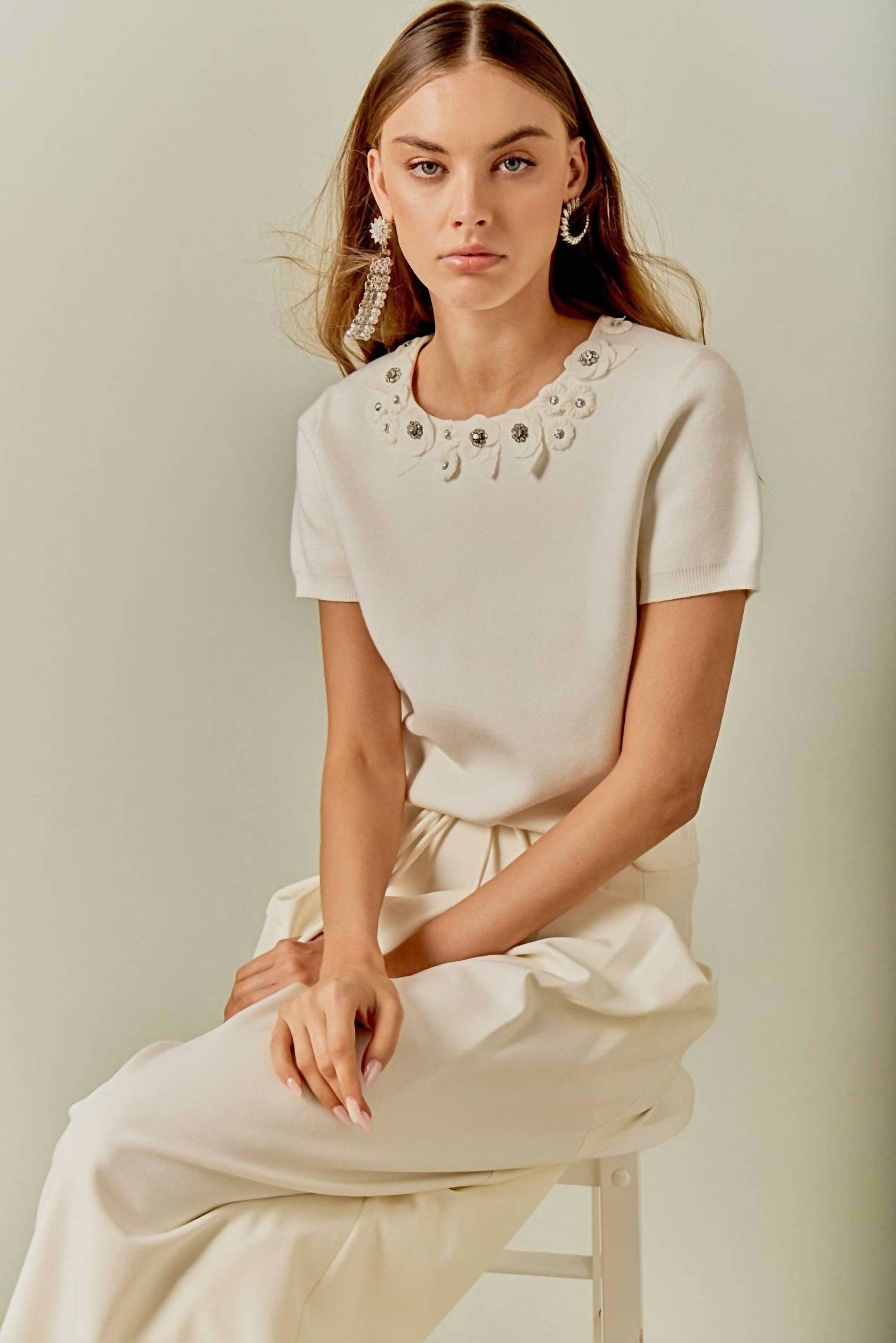Endless Rose - Floral Detail Short Sleeve Sweater