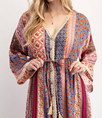 Easel - Printed Bell Sleeve Maxi Duster Dress