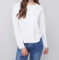CHARLIE B Crew Neck Drop Shoulder Sweater With Frayed Edge Details in cream - women's sweater