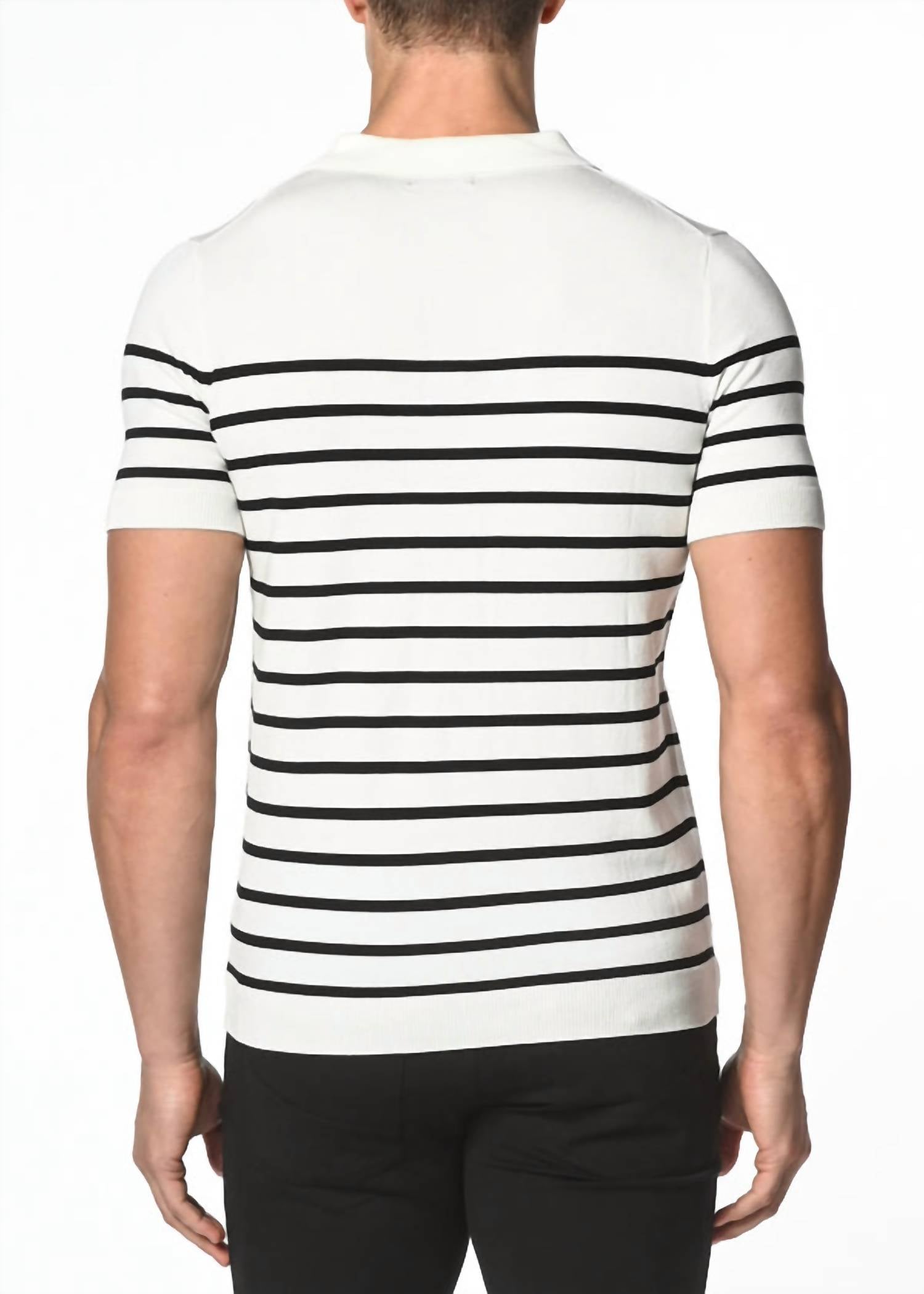 Postmarc Button Stripe Knit Polo Top in navy - men's shirt - detail view