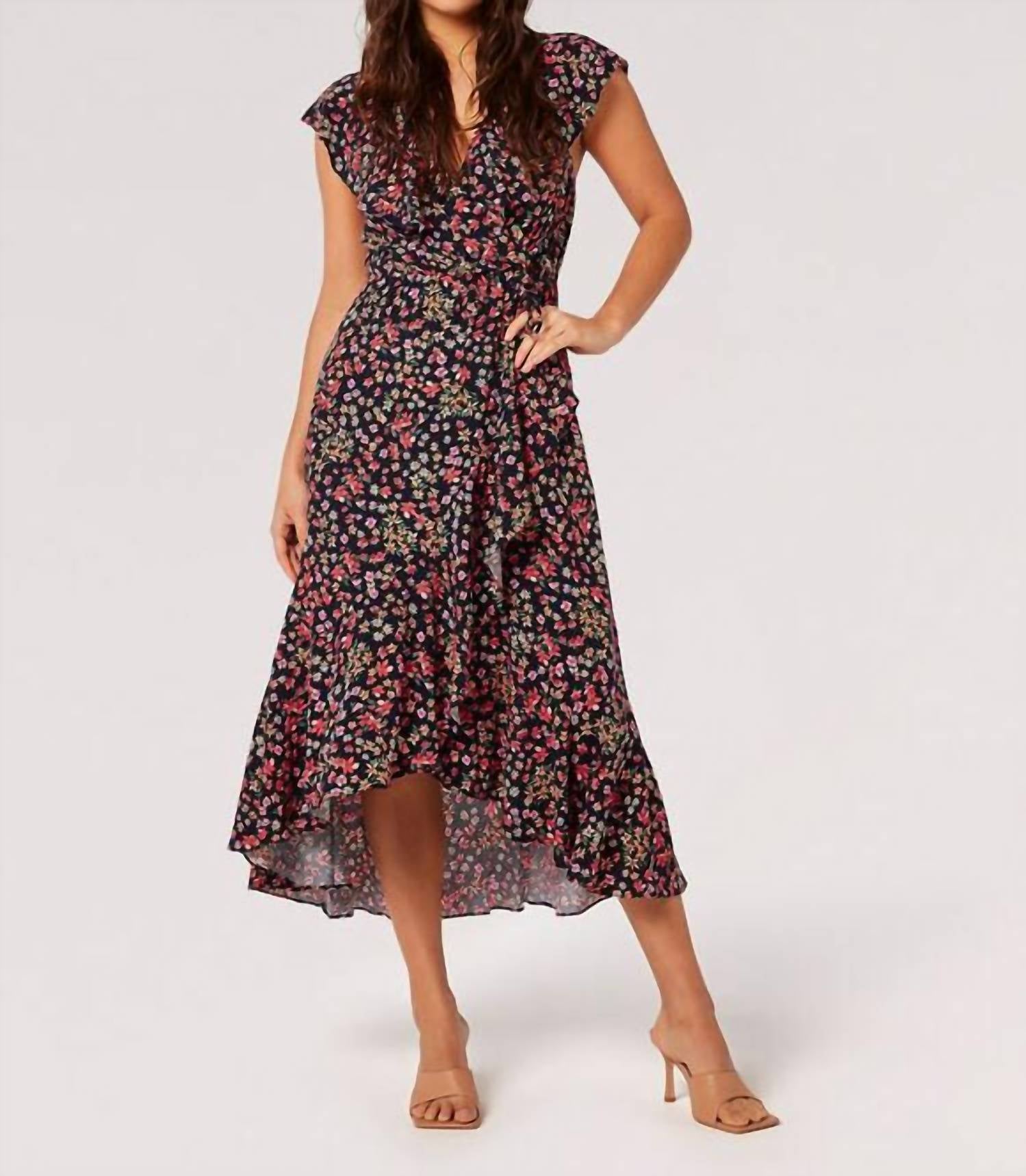 Apricot - Ditsy Floral Ruffle Wrap Midi Dress