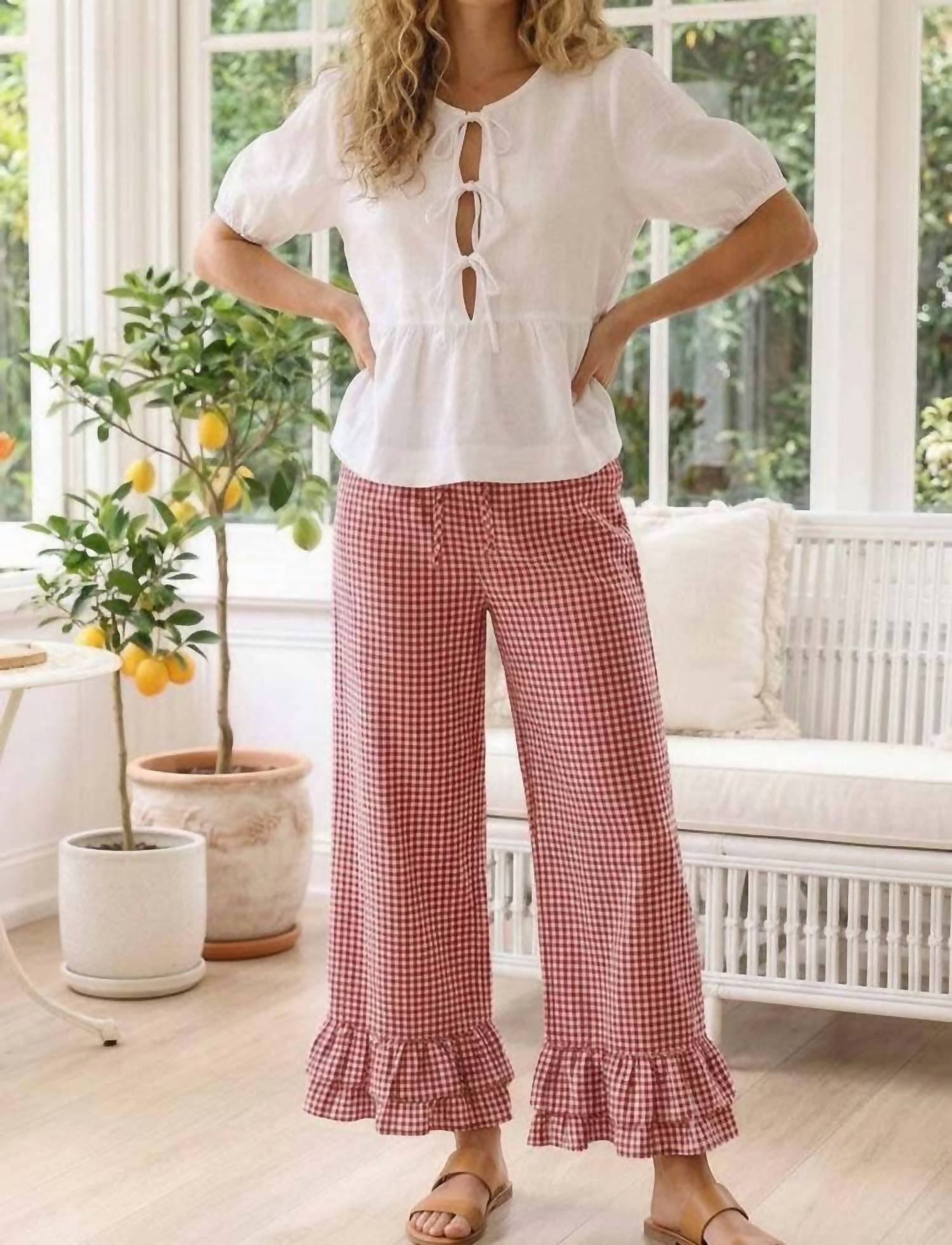 Vine & Love - Gingham Casual Ruffled Hem Cropped Pants
