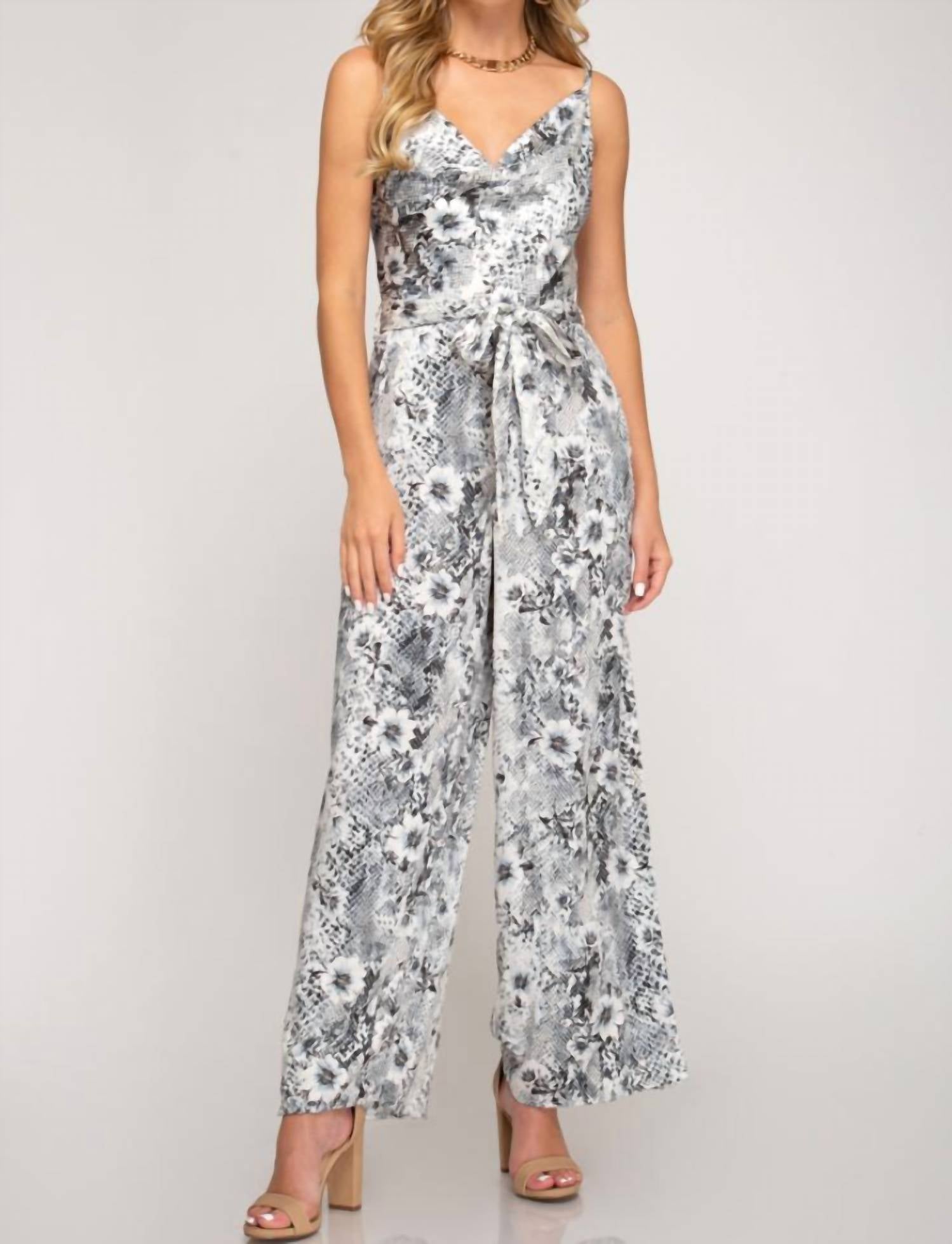 SHE + SKY Ariel Wide Leg Jumpsuit in white grey - women's pants