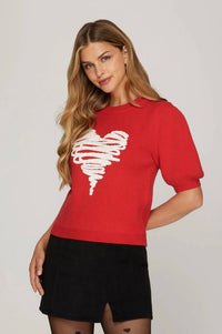 She + Sky - Heart Applique Short Sleeve Sweater