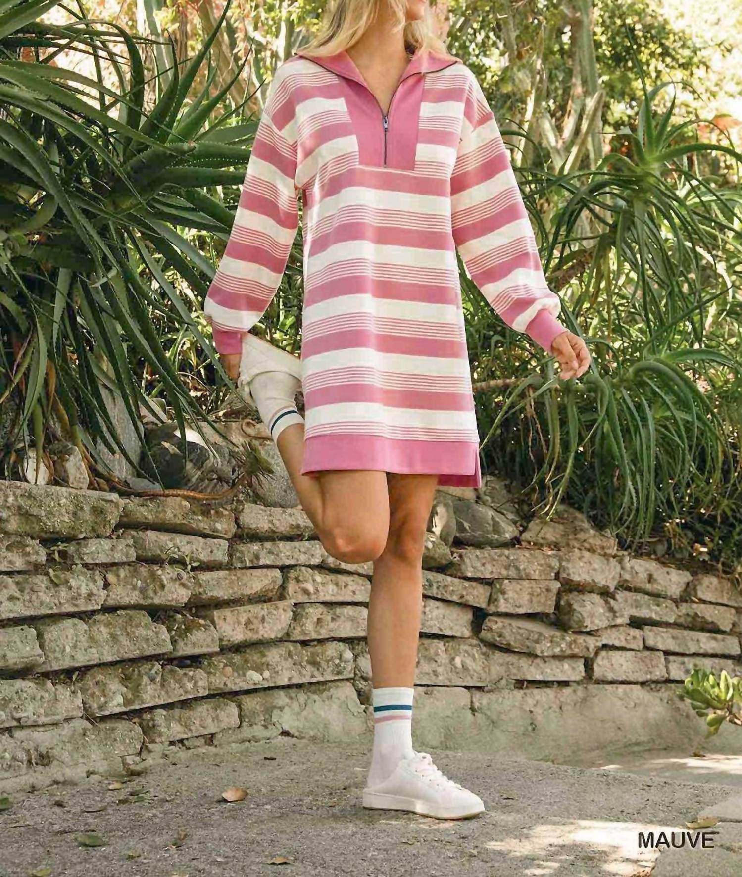 umgee Stripe Half Zip Dress in mauve - women's dress - alternate view