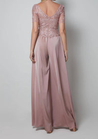 ALYCE PARIS Embroidered Bodice Short Sleeve Jumpsuit in cashmere rose - women's pants - detail view