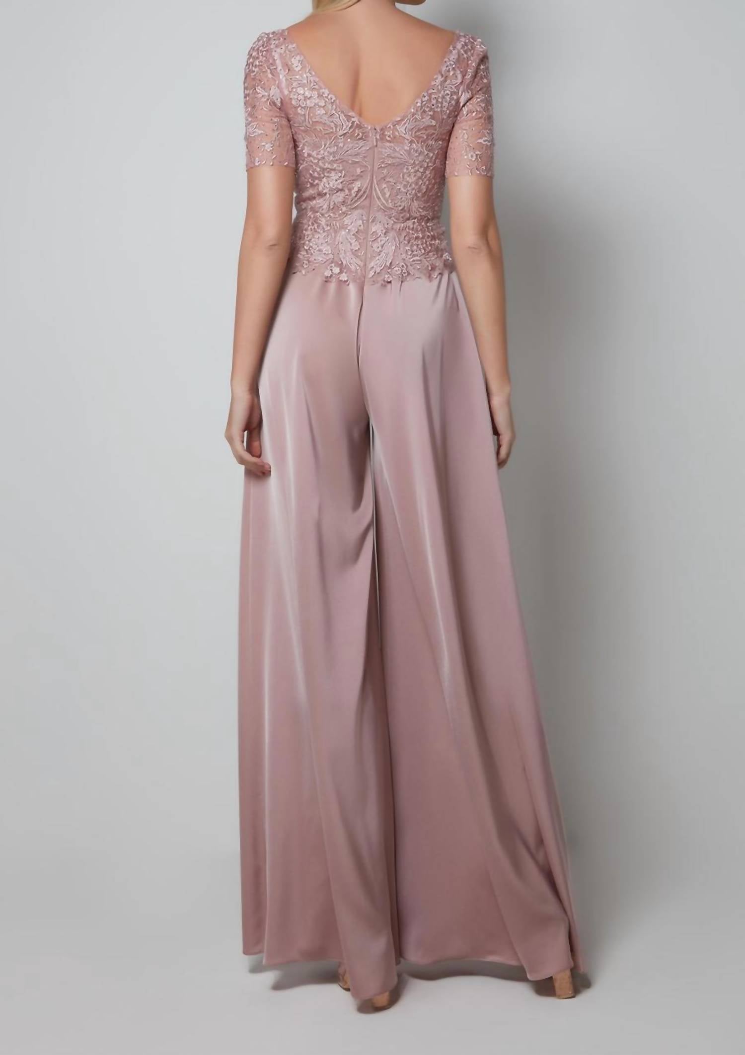 ALYCE PARIS Embroidered Bodice Short Sleeve Jumpsuit in cashmere rose - women's pants - detail view