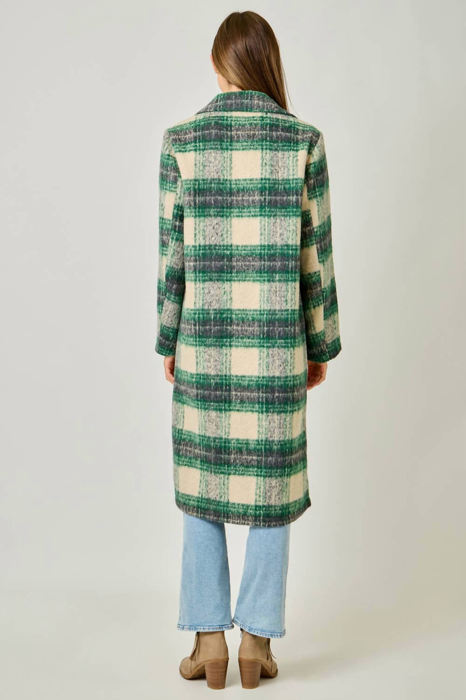 mystree Plaid Long Coat in ivory green - women's jacket - detail view