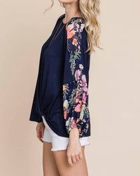 Emerald Collection - Floral Chiffon Sleeves Contrast Top - Plus