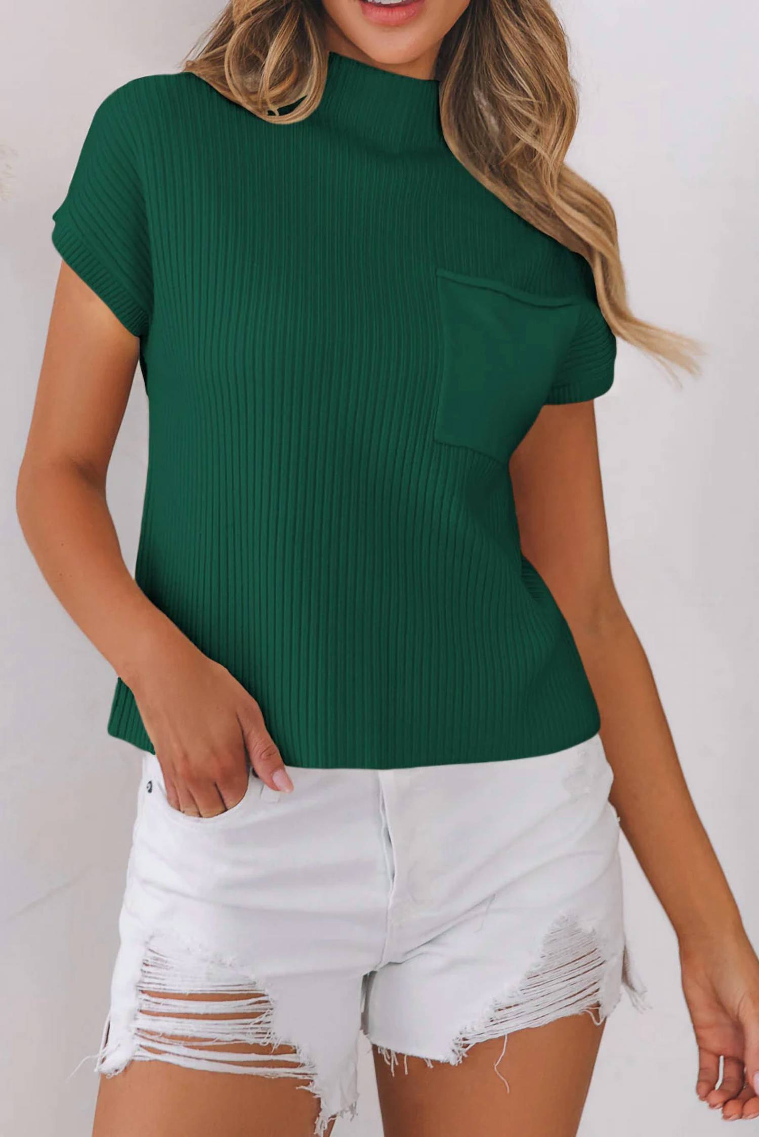 Dear Lover - Patch Pocket Ribbed Knit Short Sleeve Sweater