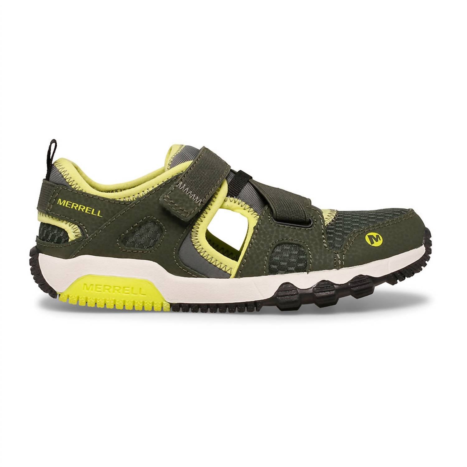 MERRELL Little Kid's Hydro Free Roam Sandals in olive lime - kids' sandal - detail view