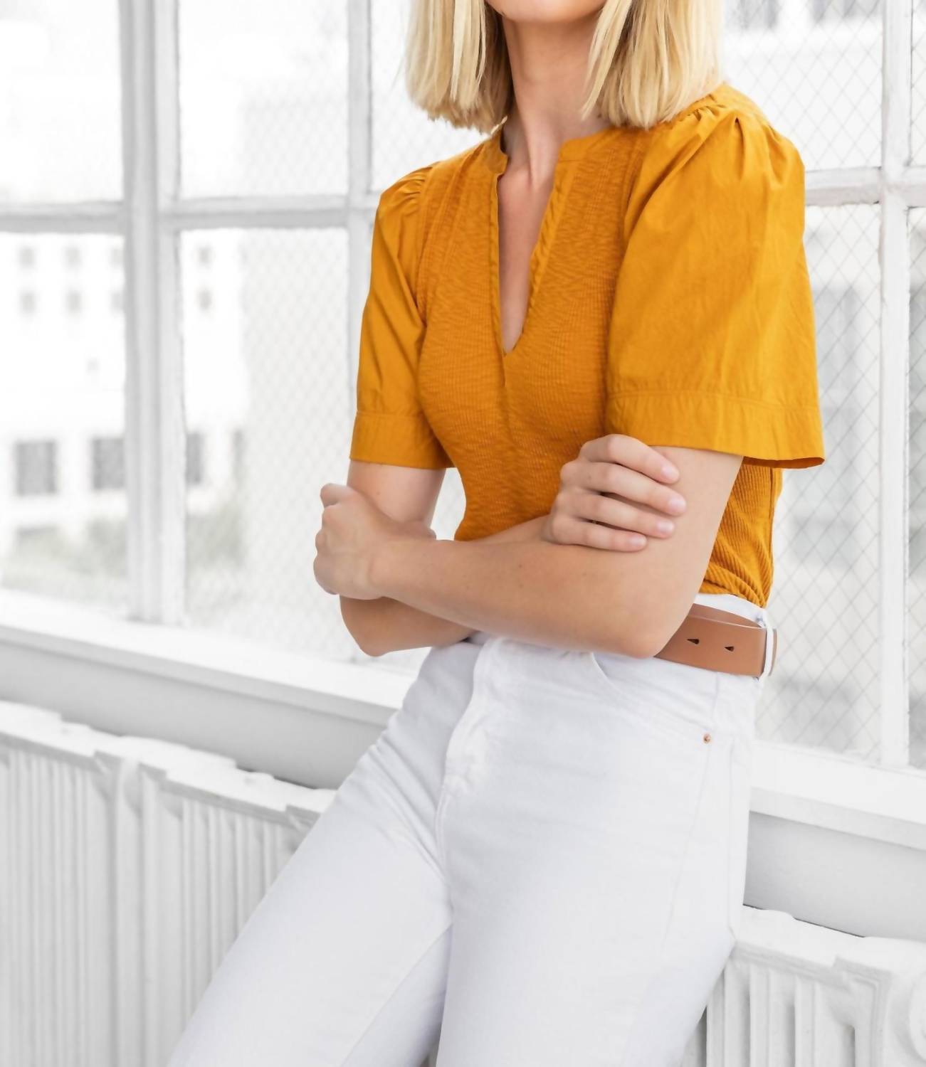 Lilla P - Woven Sleeve Split Neck Top