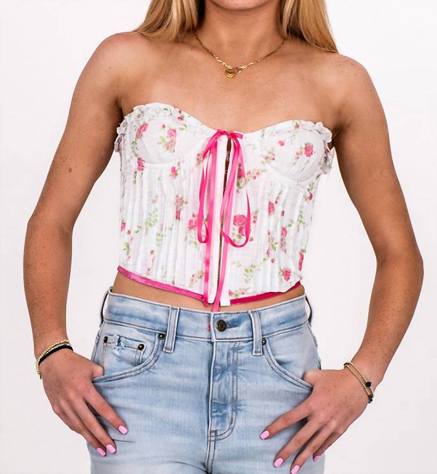 Sky to Moon Ribbon Corset Top in pink garden floral - women's shirt