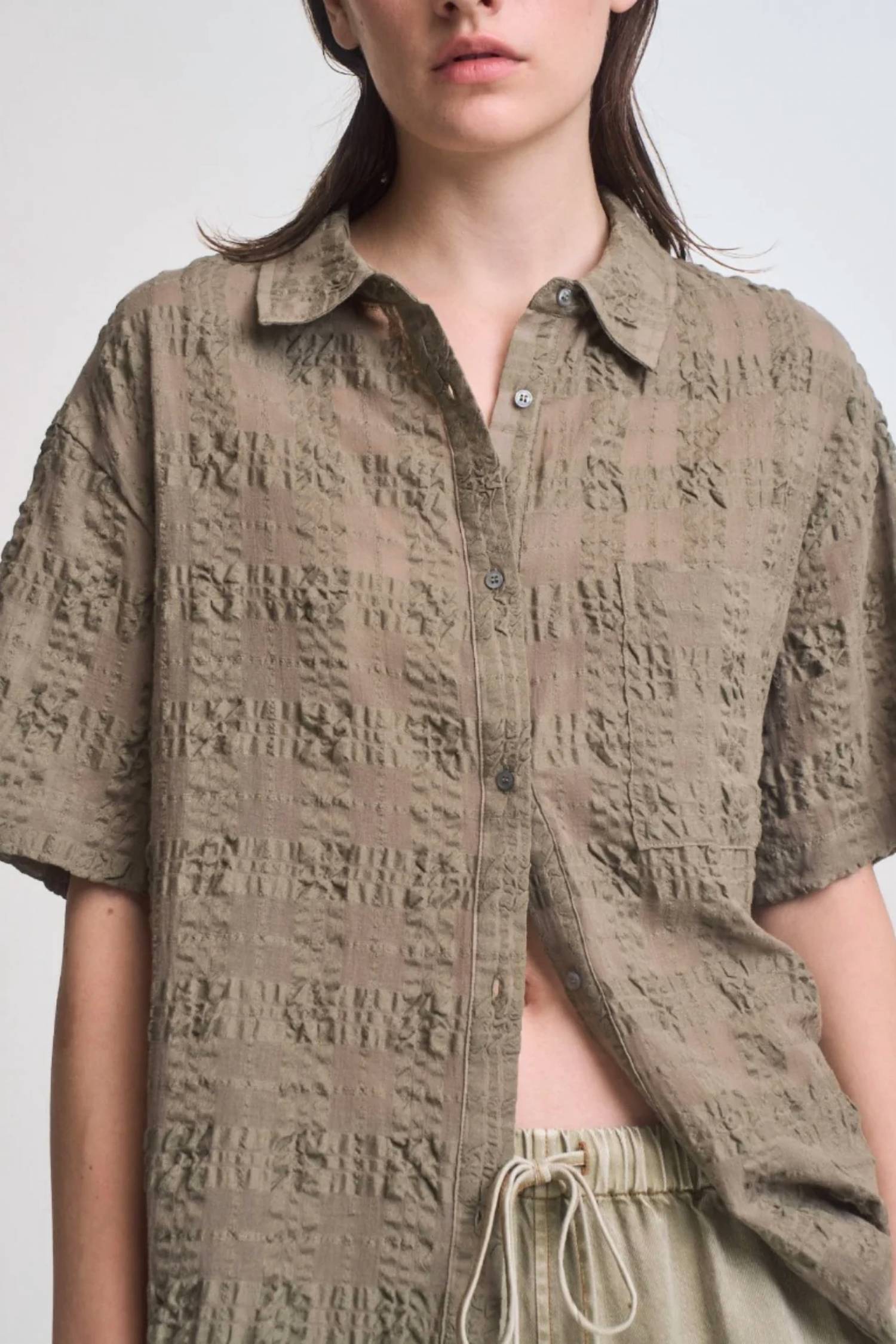 Grade & Gather - Seer Plaid Button Front Short Sleeve Top