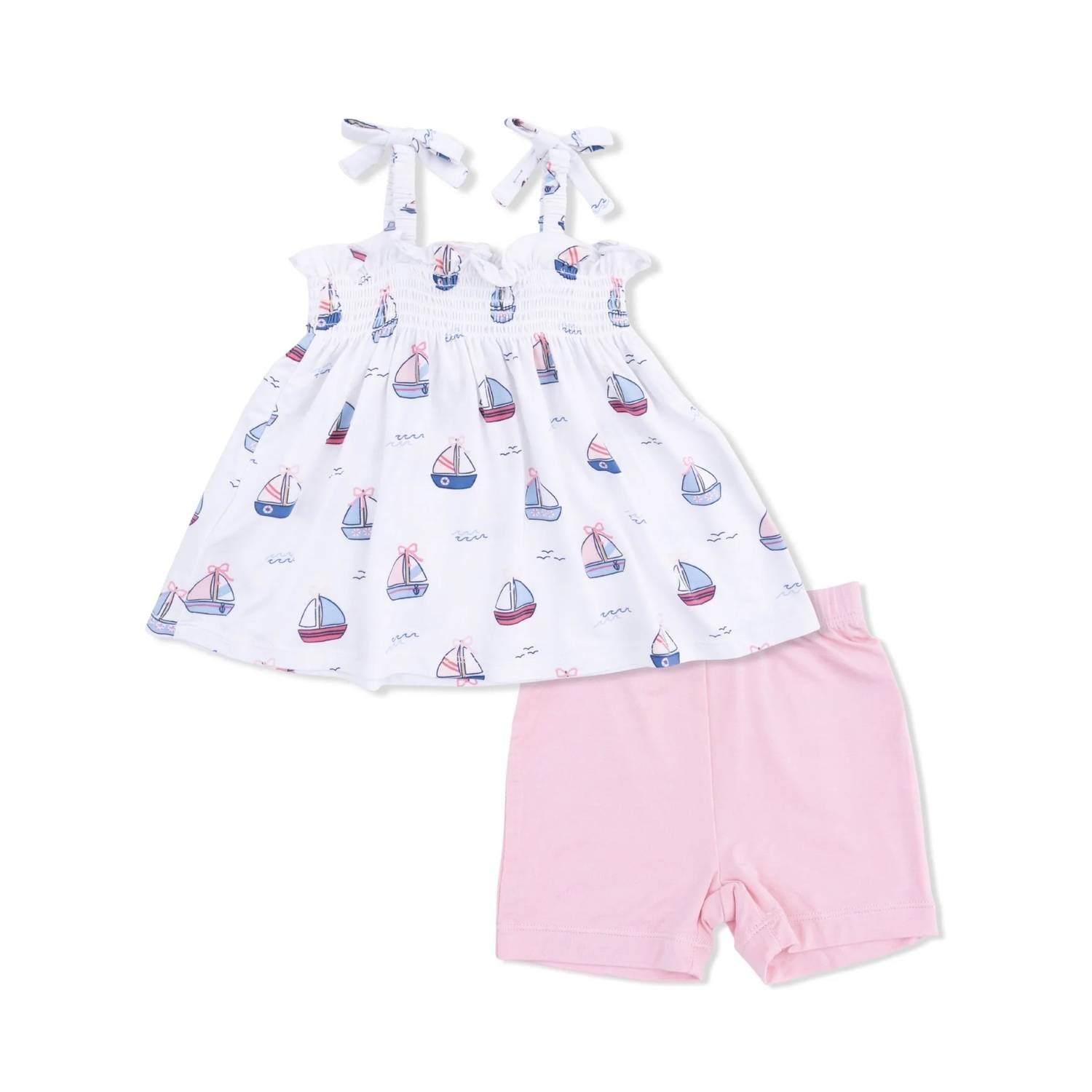 Angel Dear - Kids Bubbly Sailboats Smocked Top & Bike Short Set