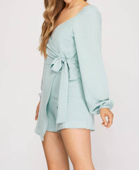 She + Sky - Long Sleeve Surplice Woven Romper