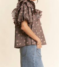 Davi & Dani - Contrast Edge Ruffle Puff Sleeve Blouse Top