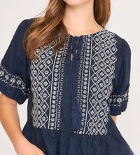 umgee Embroidered Peplum Blouse in navy - women's blouse - alternate view