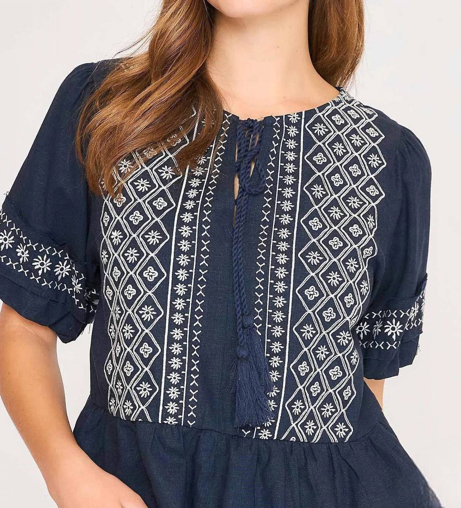umgee Embroidered Peplum Blouse in navy - women's blouse - alternate view