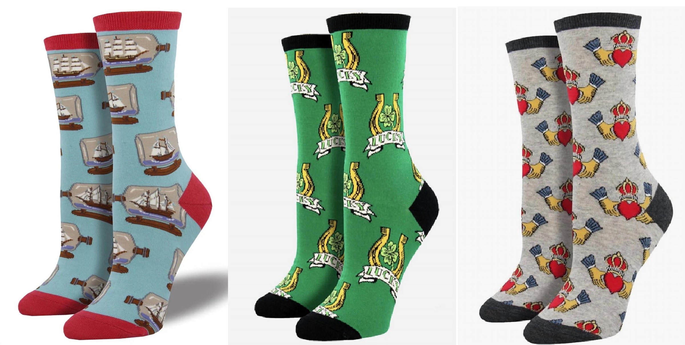 SOCKSMITH Women's Ship In A Bottle & Luck Of The Irish & Claddagh Socks - Set Of 3 Pair in a bottle luck of the irish claddagh socks set of 3 pair in multi - women's accessory
