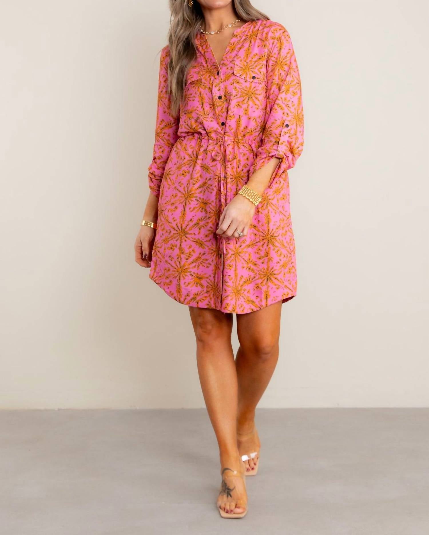 Tribal - Floral Printed Long Sleeve Mini Dress