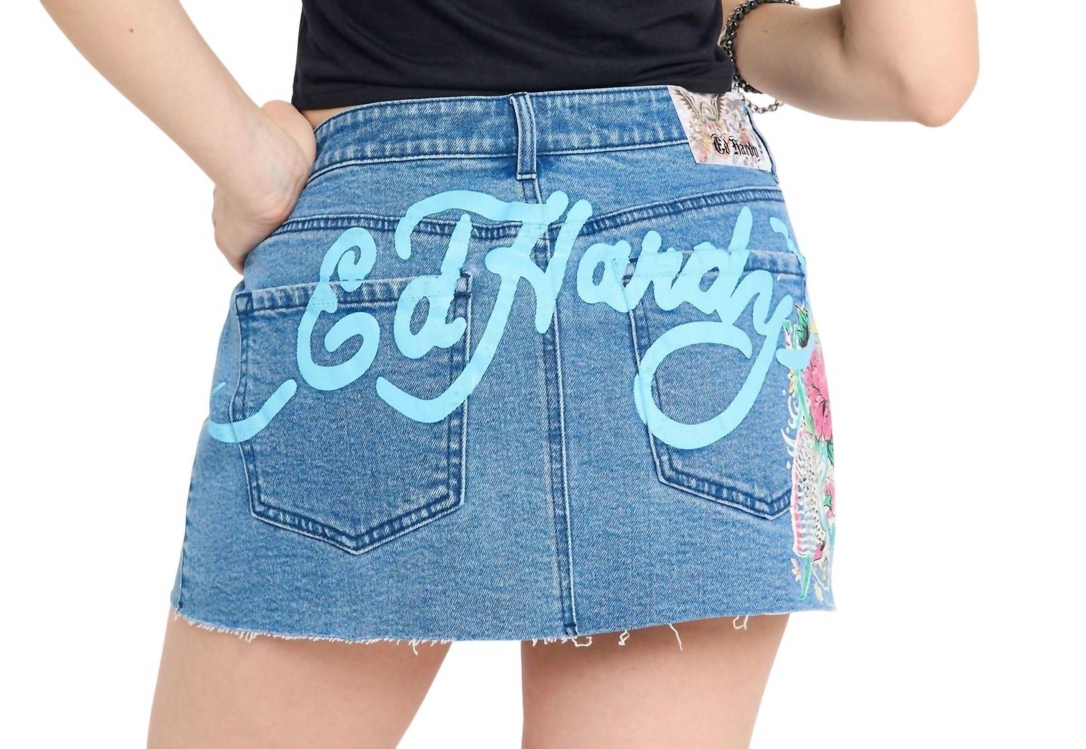 Ed Hardy Diamond Flower Denim Mini Skirt in washed blue - women's skirt - alternate view