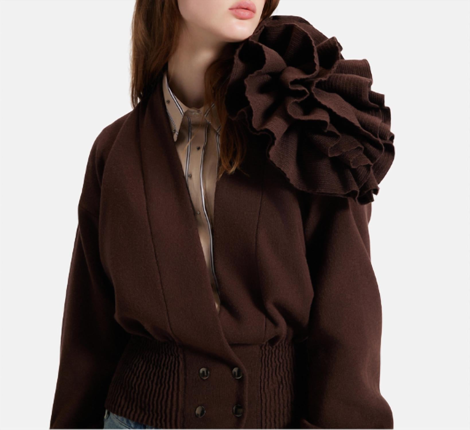 THEO the Label Nomia Ribbed Waist Rosette Cardigan Top in koffee - women's sweater