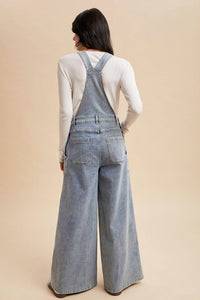 AnnieWear Wide Leg Palazzo Denim Overalls in medium wash - women's pants - detail view