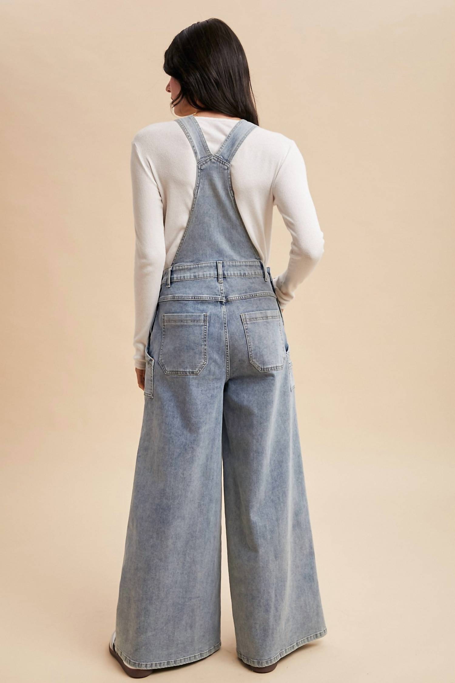 AnnieWear Wide Leg Palazzo Denim Overalls in medium wash - women's pants - detail view
