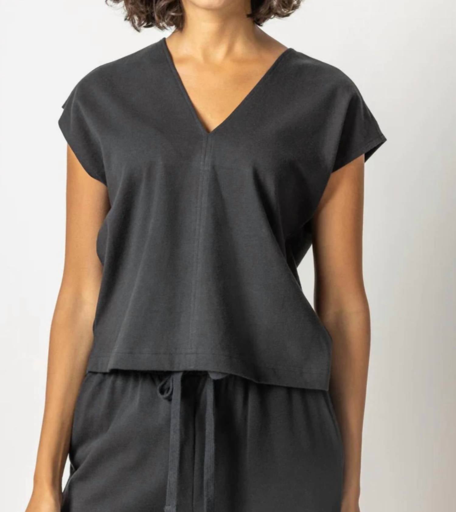 Lilla P Double V-Neck Tee in black - women's t-shirt - alternate view