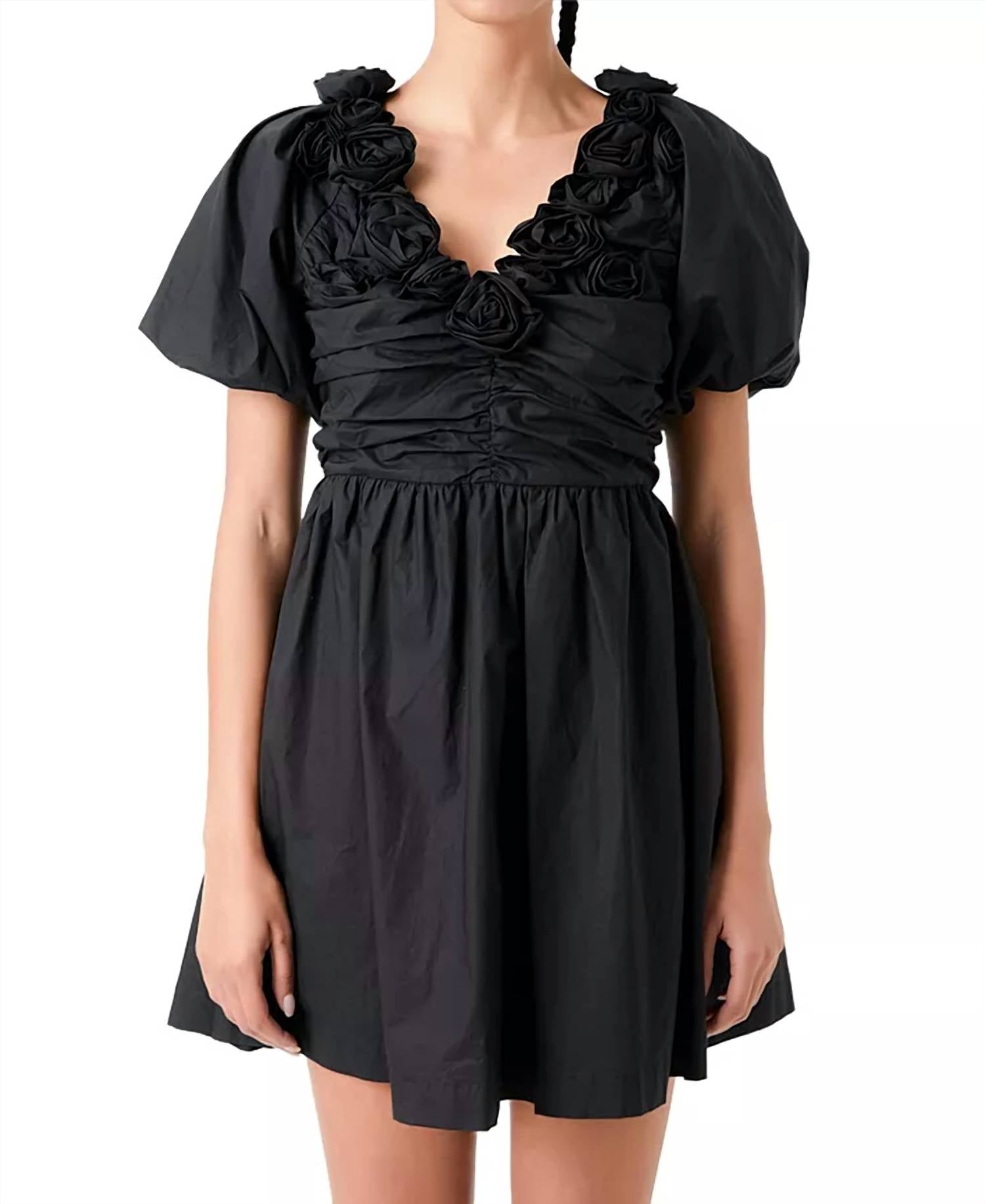 English Factory - Flower Neckline Puff Sleeve Mini Dress