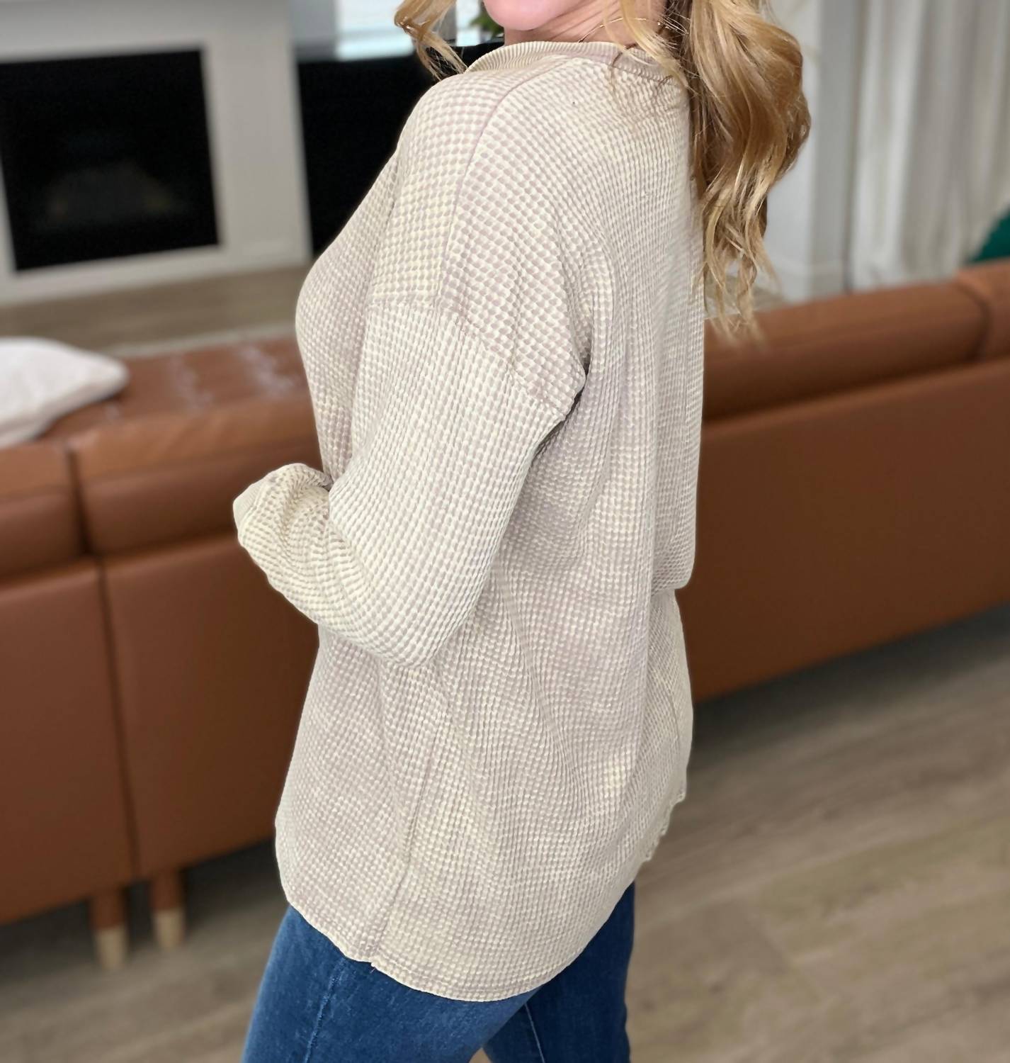 Zenana - Mineral Wash Waffle Henley Top