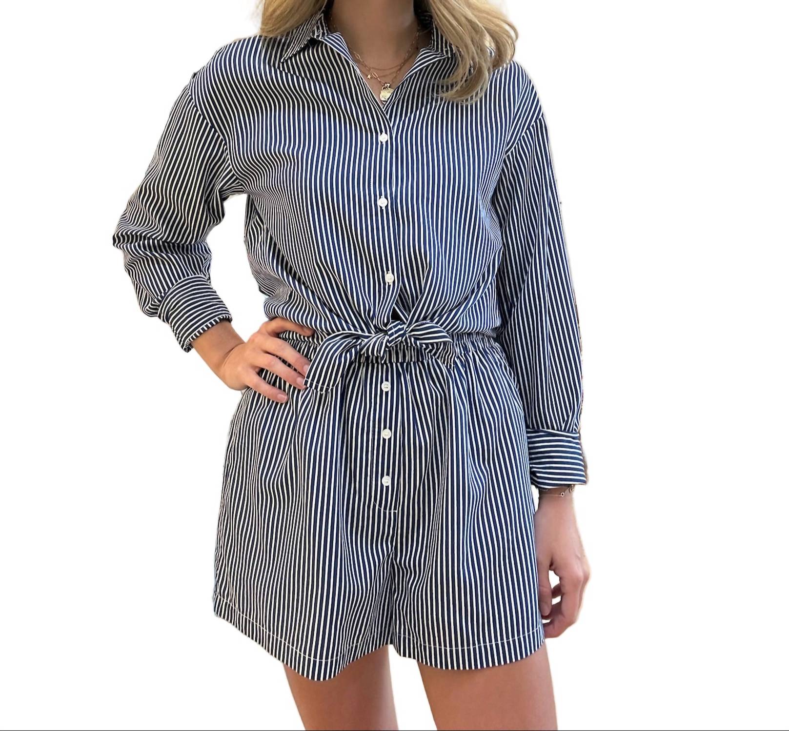 Aureum Striped Button Up Shirt & Shorts Set in navy - women's sleepwear