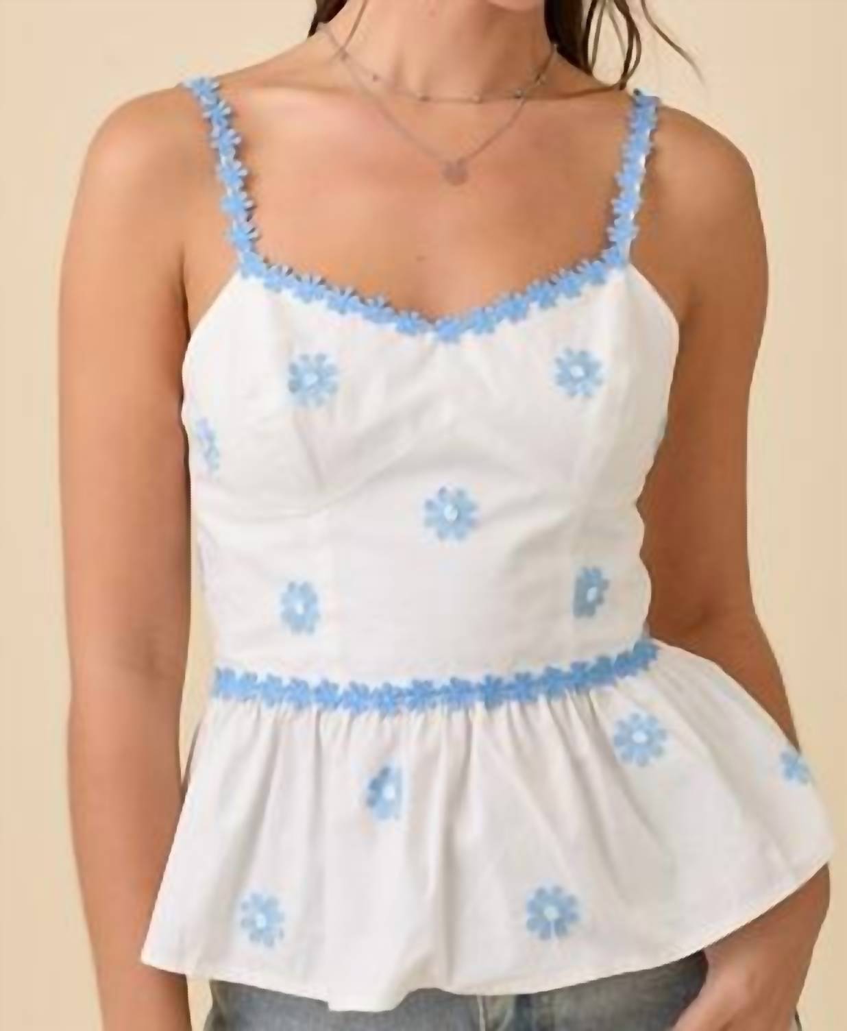 Main Strip - Fitted Bustier Tank Top with Flower Lace Trim
