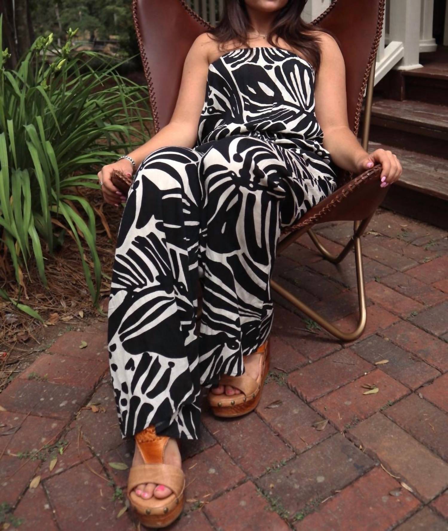 ELAN Rio Strapless Jumpsuit in black and off white tropical print - women's pants - view 6