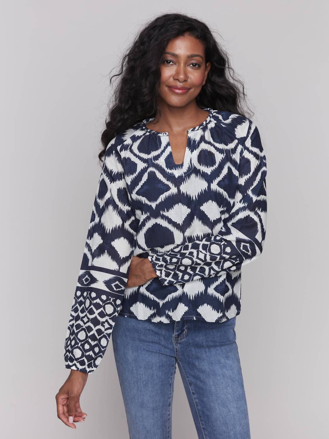 Charlie B - Printed Long Sleeve Popover Blouse