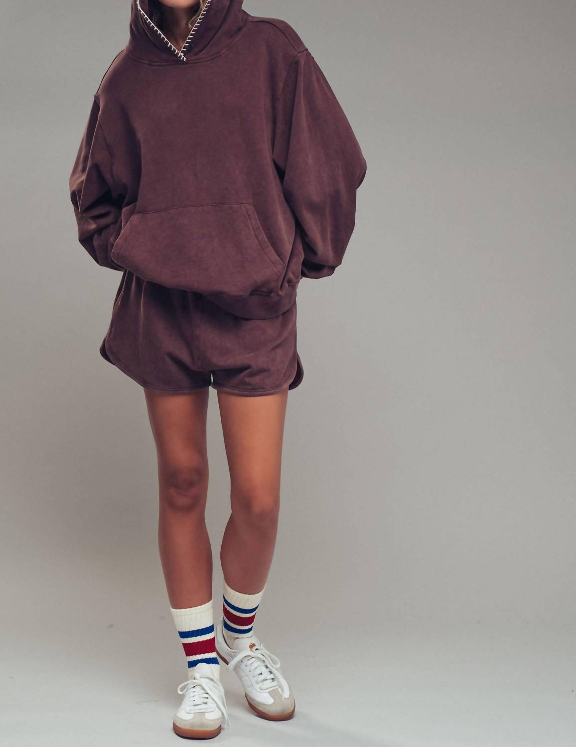 Urban Daizy - Vintage-wash Crochet Trim Hooded Sweatshirt