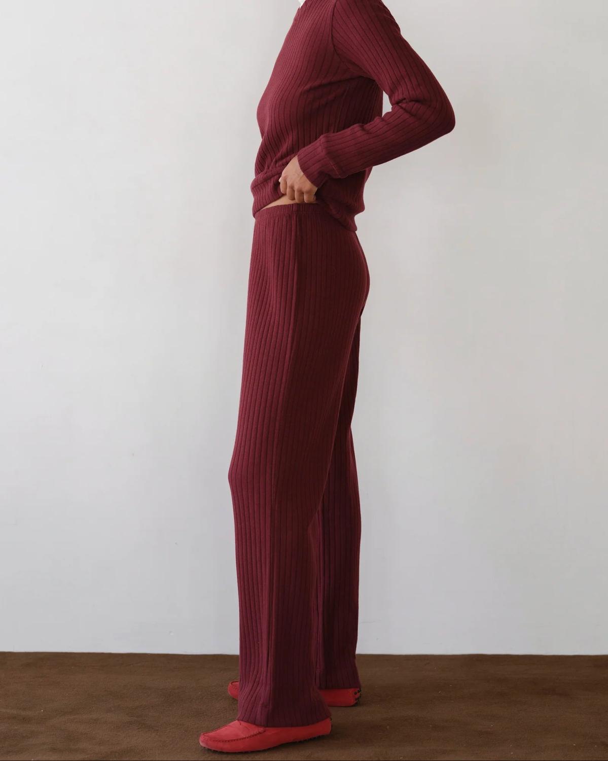 DONNI. Sweater Rib Simple Pant in oxblood - women's pants - detail view