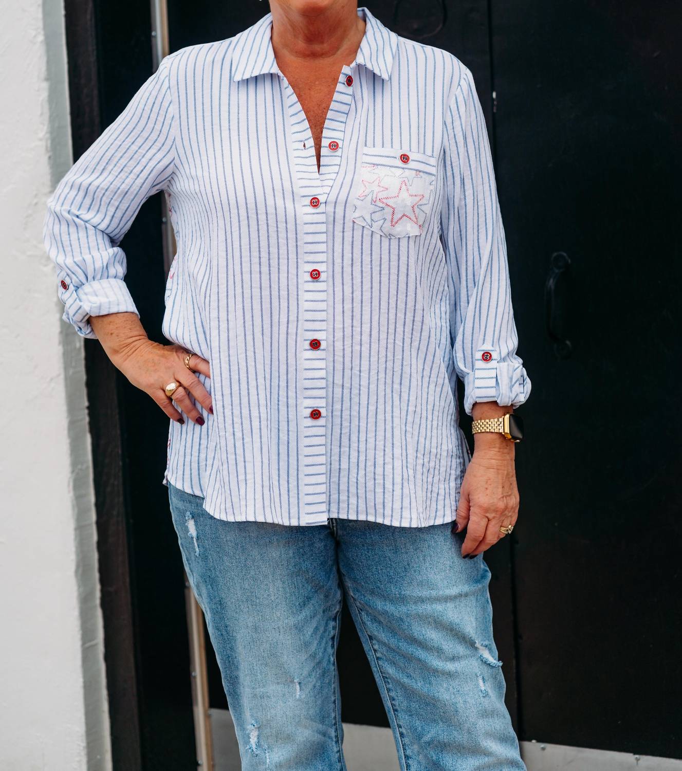 Multiples - Roll Tab Button Front Crinkle Woven Shirt