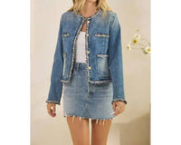 Veveret - Tweed Trimmed Front Pocket Denim Jacket