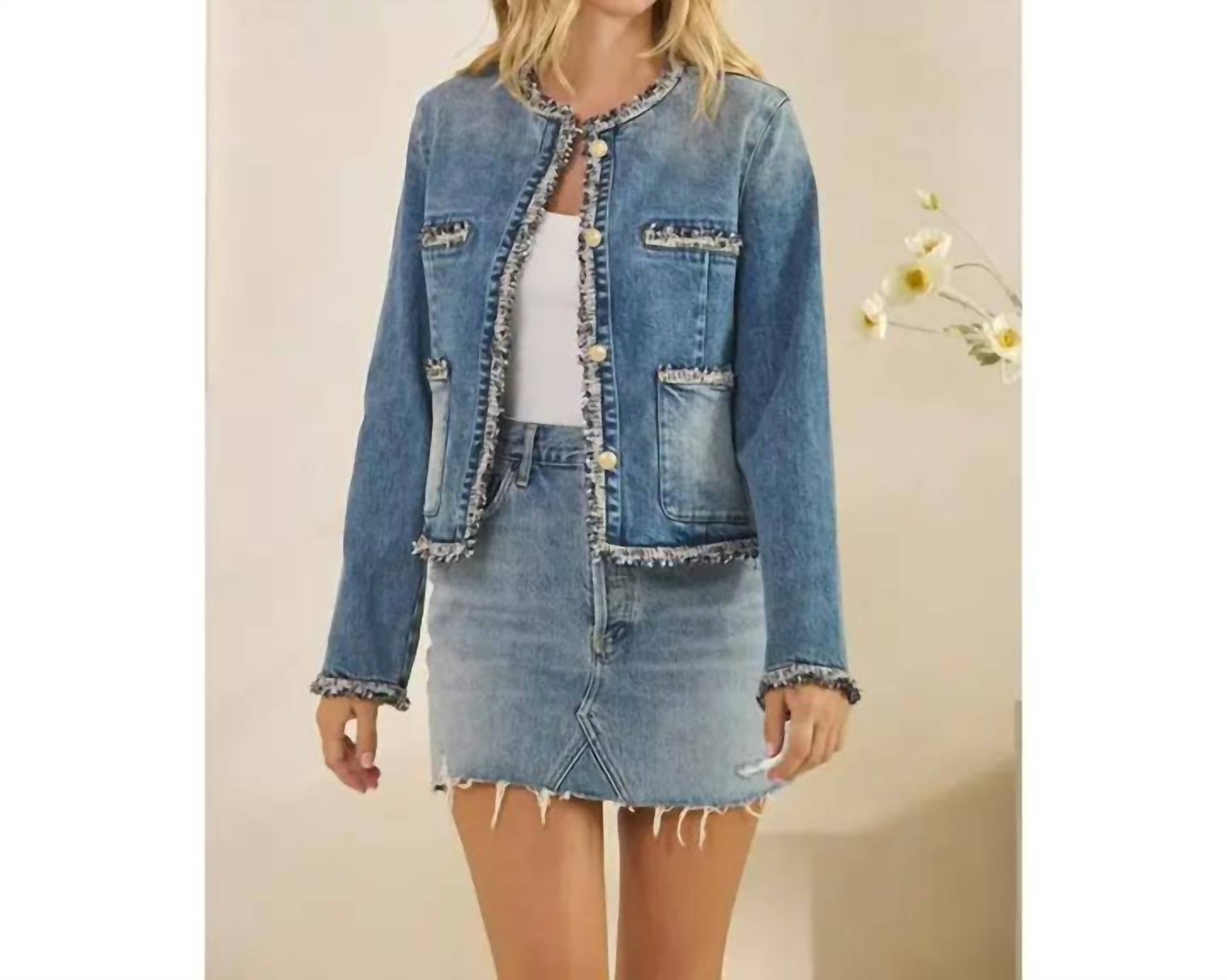 Veveret - Tweed Trimmed Front Pocket Denim Jacket