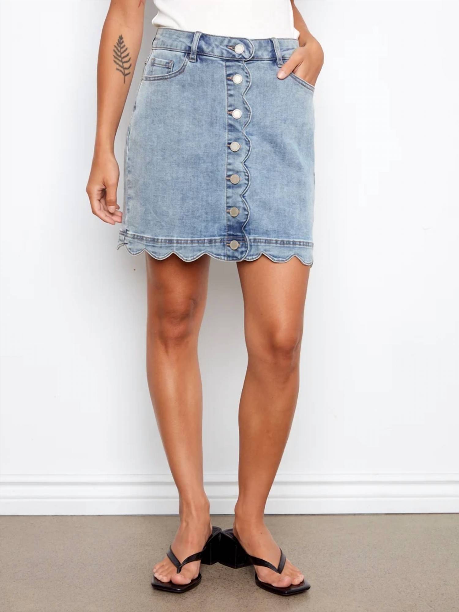 Charlie B - Scalloped Hem Button-front Denim Skort